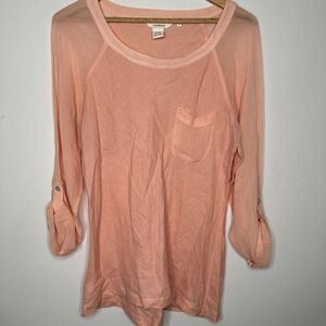 Sundance Women’s M Top Linen Roll Tab Sleeve Peach Pocket Sheer Sleeves